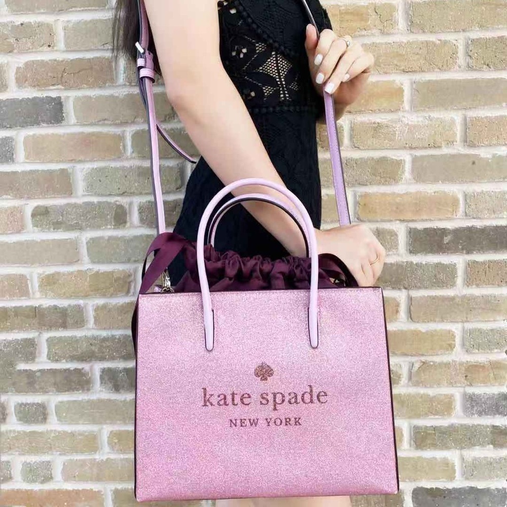 kate spade Pink Glitter Tote with Plum Drawstring
